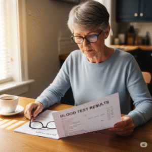 A person looking at a lab report to understand how to read a blood test.